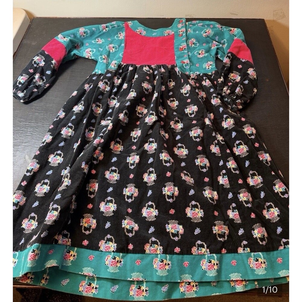 Mousefeathers Vintage 80s 90s Teal Pink Black Corduroy Cottagecore Dress size 8